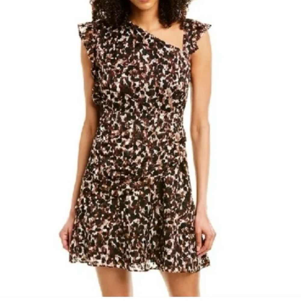 Rachel Zoe Women’s Harris-SZ 2-Abstract Black Brown Print Ruched Mini Dress NEW